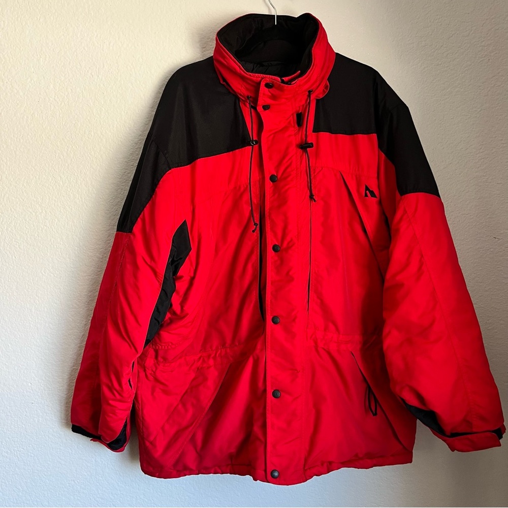 Serac Men’s Red and Black Winter Jacket Pockets Logo Zip & Snap Front